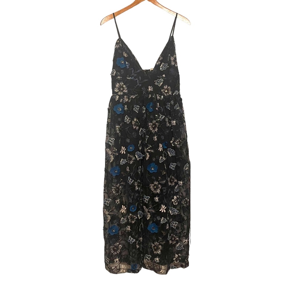 For Love & Lemons Botanic Appliqué Blue Black‎ Sequin Sheer Midi Dress Size M